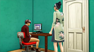 Asian stepmom catches her stepson again masturbating in his room watching a porn glaze forward movement the computer and she determined to help him by having sex with him